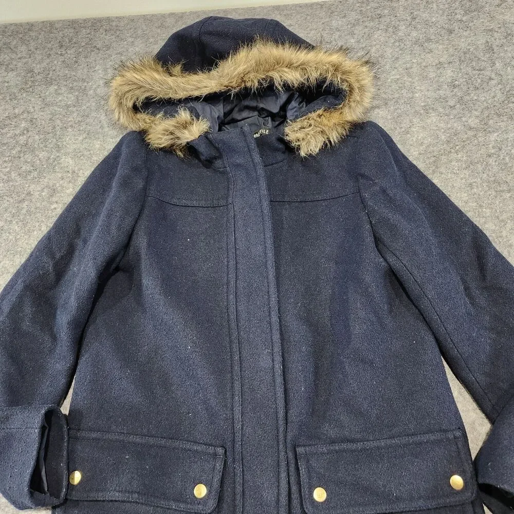 J Crew Womens 4 Vail Parka Wool‎ Blend Faux Fur Hooded Jacket Coat Navy Heavy
